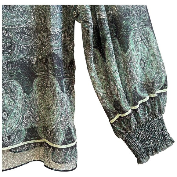 Alice + Olivia Paisley Ruffle Sheer Long Sleeve Blouse Olive Teal Designer XS - Picture 4 of 10
